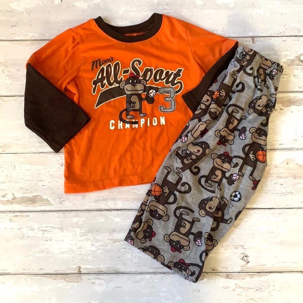 Carters 2T Pajamas Set Long Sleeves Allstar Baseball Monkey Print Orange Gray